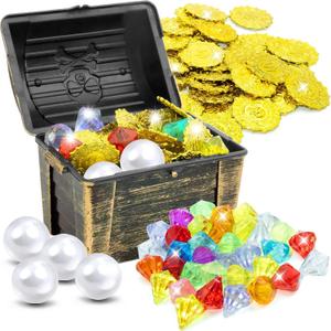 80 Pcs Diving Gems Pool Toys for Kids, Pirate Treasure Chest Box with 35 Colorful Gemstones,40 Pirate Gold Coins,4 Big Pearls,Swim Water Dive Training Toys Pool Game Toys for Kids Ages 4-12