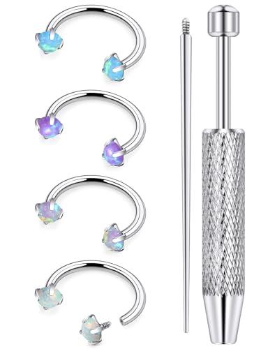 Rmsnxnnz 16G Horseshoe Septum Nose Ring Piercing Jewelry Stainless Steel Internal Thread Circular Barbell Daith Rook Earring Snake Bite Lip Ring Piercing Jewelry for Women Men 16 Gauge Opal Silver