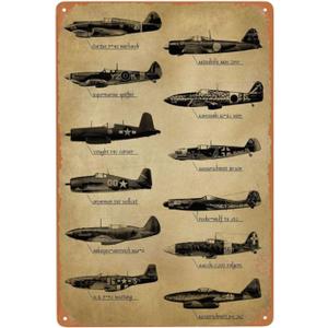 4 x WWII Fighter Planes Vintage Metal Sign, Military Posters Retro Tin Sign for Man Cave Bar Garage Pubs Hotel Wall Art Decor Gift 8 x 12 Inch