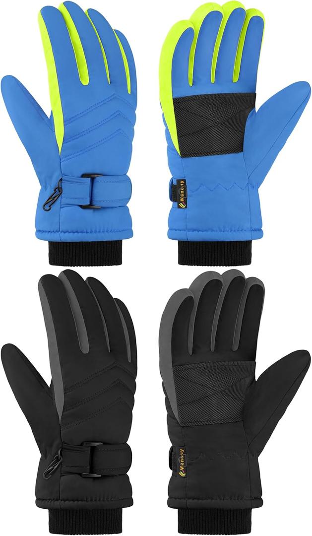 2 Pairs Kids Winter Snow Gloves Waterproof Windproof Warm Fleece Boys Girls Ski Gloves Outdoor Cold Weather (8-12 Years, Blue, Gray)