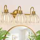 Bathroom Vanity Light (3-Light, 20 in), Brushed Gold Vanity Lights for Bathroom with Ribbed Clear Tulip Glass Shade, Vintage Vanity Wall Lights for Mirror Bedroom Living Room Hallway
