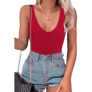 SAUNGKUAI Women's Bodysuit Plunge Deep V Neck Backless Sleeveless Going Out Tank Tops Thong Body Suits Leopard (Red, M)