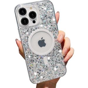 MINSCOSE Glitter for iPhone 14 Pro Max Case,Sparkly Glitter Bling Back, Magnetic [Compatible with MagSafe] Shockproof Case for iPhone 14 Pro Max 6.7"- Sparkly Silver