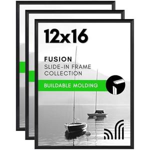 Americanflat 12x16 Picture Frame with Polished Front Cover - Set of 3 - Slide-In Photo Frame with Buildable Molding - Fusion Collection - Picture Frames for Wall Display - Black