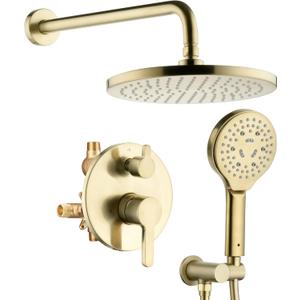 Brushed Gold Shower Faucet Set, Wall Mount Rain Shower System 10 Inches, and Handheld Shower Head Combination, Included Rough-in Valve and Trim Kit
