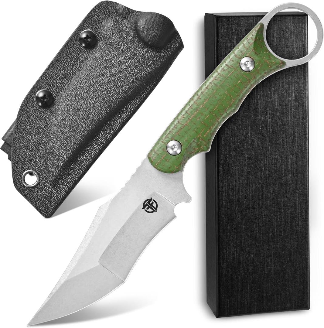 FF107 Fixed Blade Knife, 14C28N Steel Blade Micarta Handle Full Tang Knife for Outdoor Camping Hunting Working (Green)