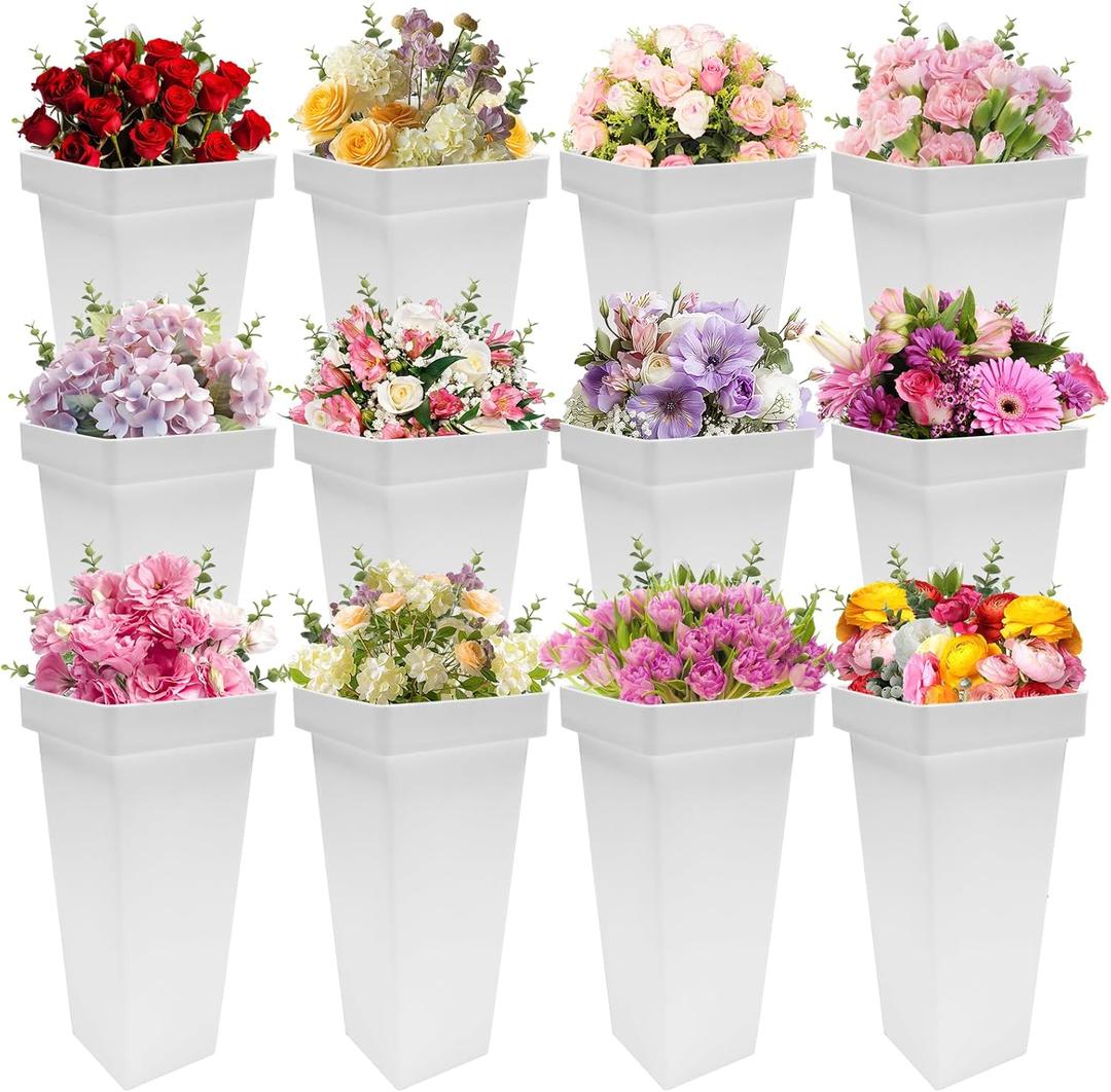 Homegroove 12 Pcs Plastic Flower Buckets, 13.4 Inch Square Floral Display Stand, Tall Vase for Cut Flowers, Indoor/Outdoor Home Wedding Bar Supplies