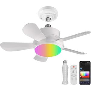 Ligency Smart Socket Fan Light with Remote, 16 inch Small Socket Ceiling Fan Light with RGBW, E26 Screw in Ceiling Light Bulb Fan, 1800Lm, Work with Alexa & Google Assistant for Garage Bedroom, White