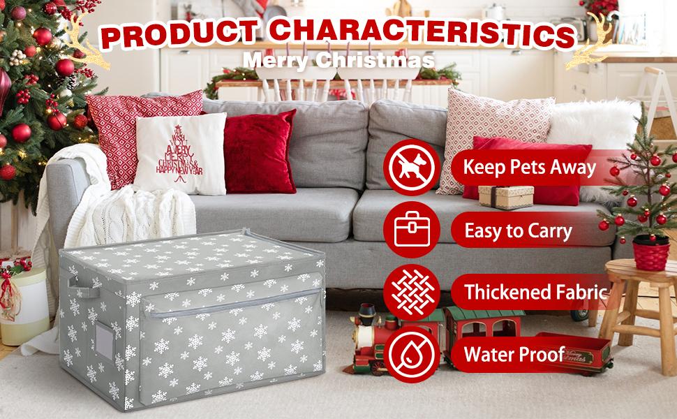  LHMTQVK 72-4" Large Christmas Ornament Storage Box, 600D Fabric, Christmas Storage Containers, Adjustable Dividers, 3 Individual Tray
