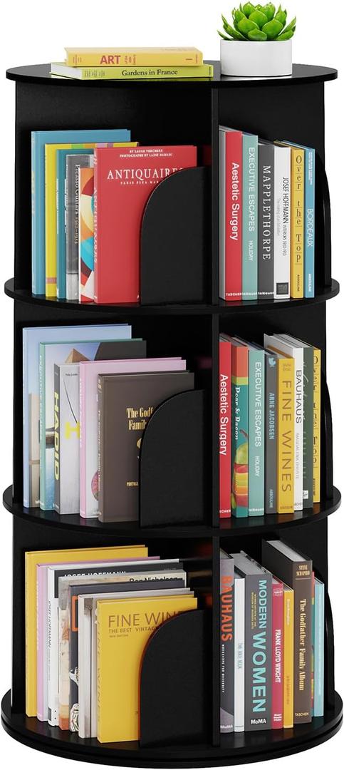 SpaceAid 3 Tier Rotating Bookshelf Tower, Spinning Bookcase Lazy Susan, Revolving 360 Book Shelf Storage Round Carousel, Vertical Rotate Turning Spiral Corner Organizer, Black, 3 Tier, 37.8" H