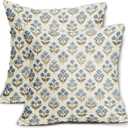 Brown Blue Floral Block Print Pillow Covers 18x18 Inch Set of 2, Vintage Flower Pattern Decorative Throw Pillowcases Outdoor Farmhouse Cushion Covers Spring Summer Rustic Sofa Couch Bed Decor