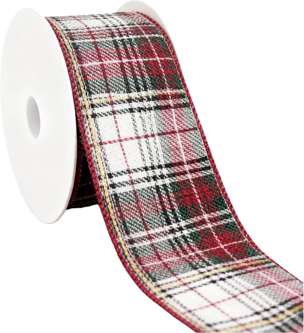 Red Green White Buffalo Plaid Ribbon 2.5 Inch x 10 Yards Christmas Tartan Gingham Check Wired Edge Ribbon Decor for DIY Crafts Gift Wrapping Home Decorations (White/Red/Green,2.5 inch)