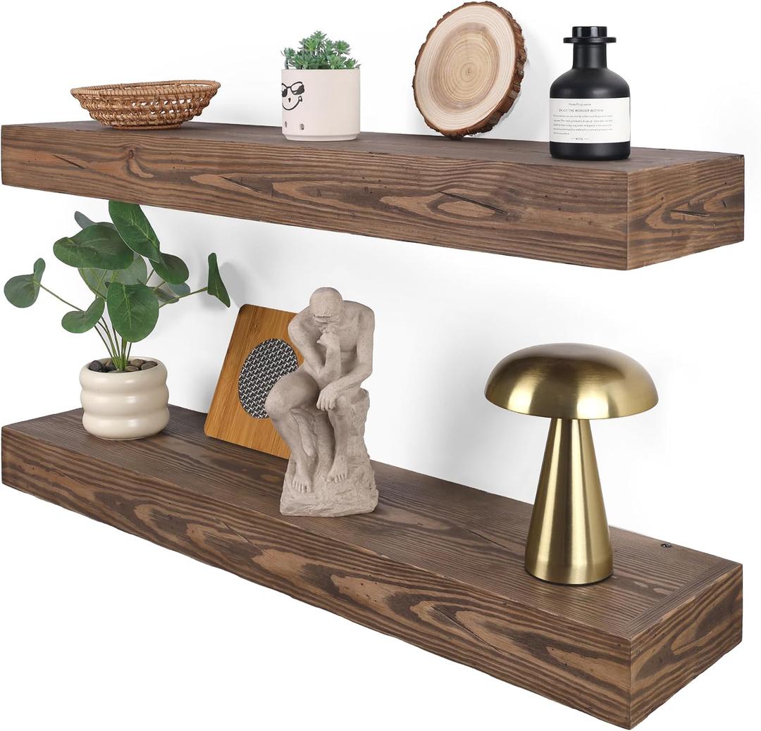 Floating Shelves 3 inch Thick for Wall Set of 2,Solid Pine Wood Wall Mount Shelf for Kitchen Living Room Bedroom Bathroom,8" D x 36" L x 3" H-Distressed Black Walnut