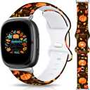 Christmas Halloween Thanksgiving Band Compatible with Fitbit Versa 3/Fitbit Versa 4/Fitbit Sense/ 2, Smartwatch Holiday Women Men Silicone Replacement Strap for Fitbit Versa 3/4, Fitbit Sense/ 2 (Pumpkin&Leaves)