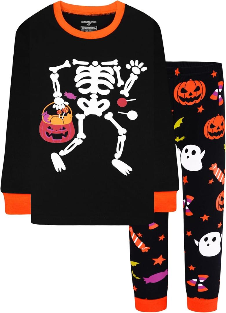 DAUGHTER QUEEN Boys & Girls 100% Cotton Holiday Pajamas, Halloween Christmas Sleepwear 18M-12Y (2pcs-black/Glow in Dark-skeleton-hba24)