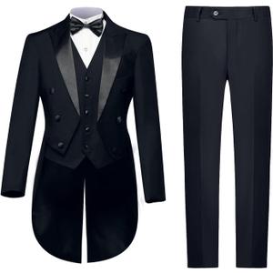 Mens Suits 3 Piece Slim Fit,Men's Tailcoat Suit Single Breasted Swallow Tail Coat for Proms,Concert,Wedding (Large, Black)