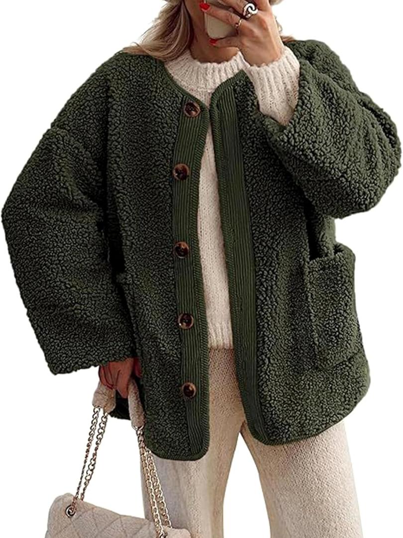 Kissonic Womens Fuzzy Sherpa Fleece Jackets Button Down Long Sleeve Corduroy Patchwork Outwear with Pockets (Large, Armygreen)