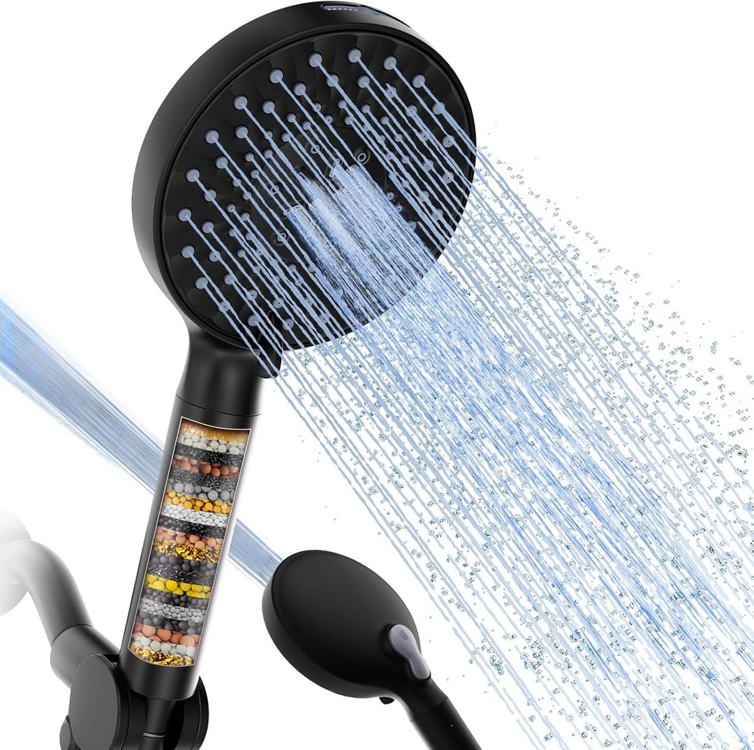 Filtered Shower Head with Handheld, High Pressure 9 Spray Mode Chrome Showerhead with Filters,detachable shower head,Water Softener Filters Beads for Hard Water -Remove Chlorine