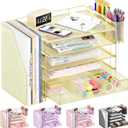 Desk Organizers and Accessories, 5-Tier Paper File Organizer with Drawer & Pen Holder, Office Desk Accessories Workspace Desktop Organizer for Office Supplies(Gold)