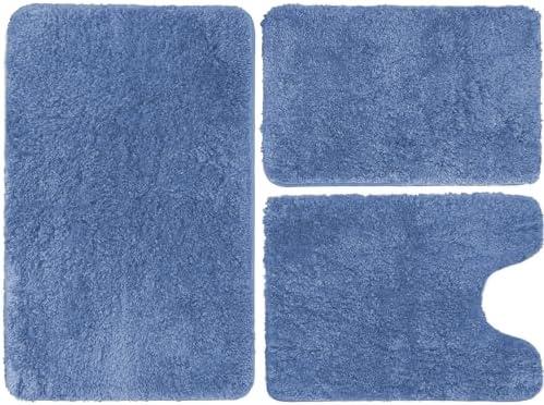 RUN HELIX Blue Bath Mat for Bathroom Non-Slip, Extra Soft and Absorbent Bathroom Rugs Set 3 Piece, Water Absorbent Microfiber Shaggy, Machine Washable Thick Plush Bath Mats for Floor, Tub and Shower
