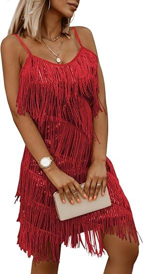 Womens Sequin Tassel Fringe Party Dress Sleeveless Spaghetti Straps Flapper Dresses Cocktail Mini Dresses. Size XL