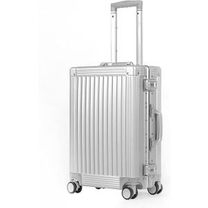 DOMINOX All Aluminum Carry On Luggage Hard Shell Luggage Aluminum Suitcase for Travel Zipperless Luggage Checked Luggage with Silent 360° Spinner Wheels 20 In. (Vertical Grain Style, Sliver)