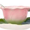 Pink Rose Floral Teacup and Saucer Set for Women, 5.6 Oz Enamel Porcelain Rose Flower Shaped Tea Cup with Spoon