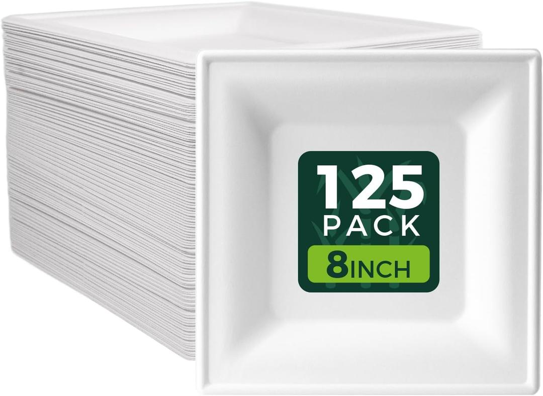 White 8-Inch Square Disposable Plates [125-Pack] - Compostable Heavy Duty Sugarcane Plates, Biodegradable Eco-Friendly Dinner Plates for Party