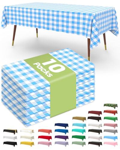Pureegg Plastic Table Cloth Disposable 10 Pack, 54 x 108 Inch Table Cloths, Party, Picnic, Decorative Gingham Tablecloths, Rectangle, Blue and White Checkered Cover, Leakproof & Sturdy, Blue Plaid