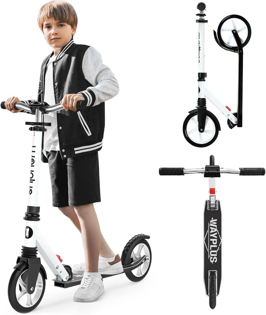 Kick Scooter for Ages 6+,Kid, Teens & Adults. Max Load 240 LBS. Foldable, Lightweight, 8IN Big Wheels for Kids, Teen and Adults, 4 Adjustable Levels. Bearing ABEC9 (White)
