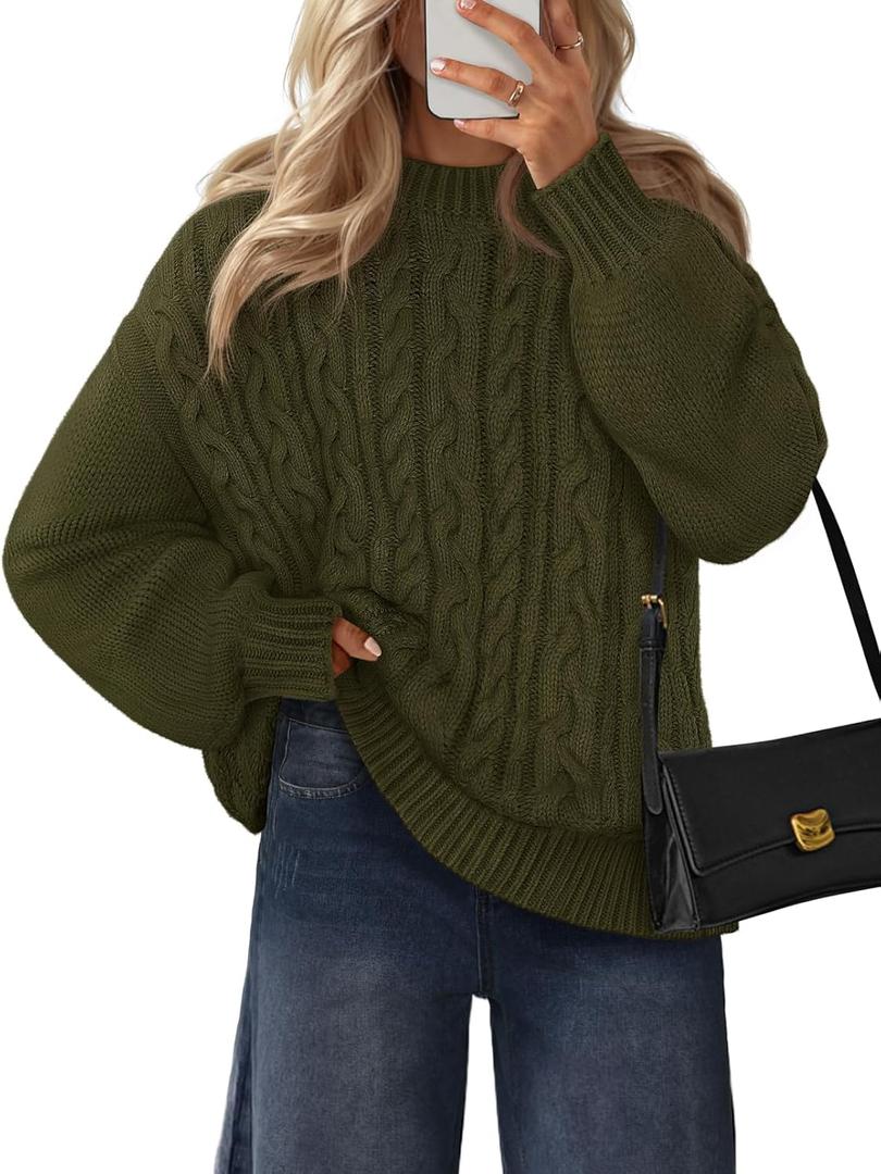 MEROKEETY Women's Fall Cable Knit Sweaters 2025 Long Lantern Sleeve Crewneck Chunky Loose Pullover Tops Winter Clothes (X-Large, Army Green)