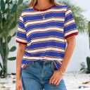 BTFBM Womens Summer Tops 2025 Crewneck Short Sleeve Striped T Shirts Casual Loose Lightweight Color Block Basic Tee (L)