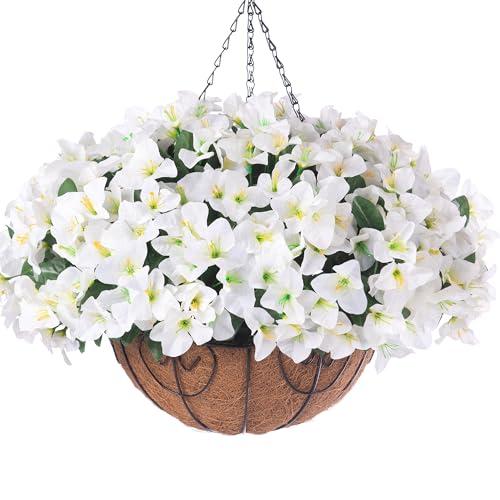 Artificial Hanging Flowers Plant with Basket for Outdoors, Fake Hanging Plants Silk Bougainvillea in Planter Look Real UV Resistant Faux Flower for Porch Patio Garden Home Decor (White-New)