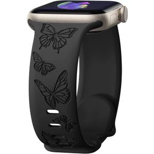 Butterfly Engraved Bands Compatible with Apple Watch Band, Women, Silicone Sport Strap for iWatch, Size: 38/40/41/42mm(Series 10) (Black)