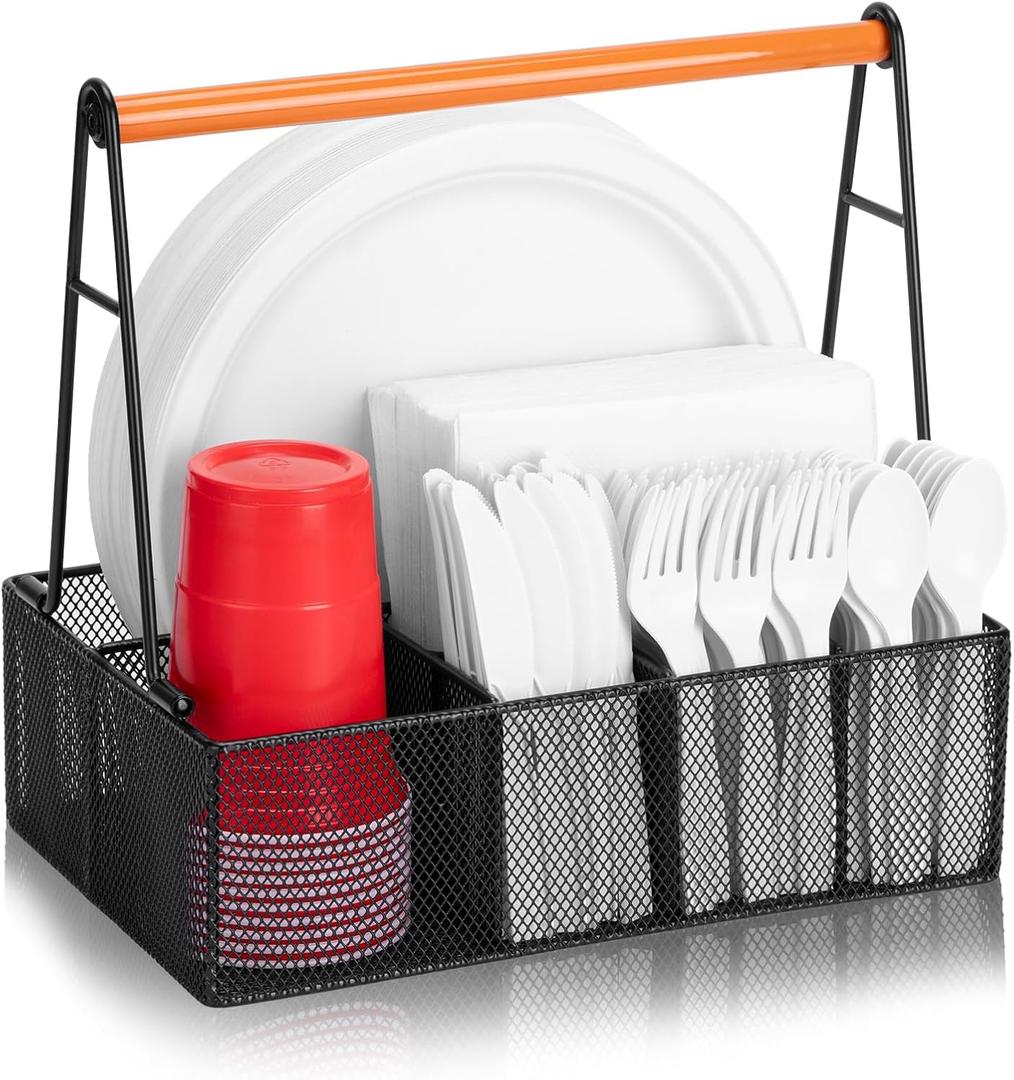Paper Plate Organizer with Handle for Countertop, Metal Silverware Caddy for Cups, Napkins, Paper Plate and Utensil Holder, Cutlery Caddy for Party, Camping, Picnic (Black)