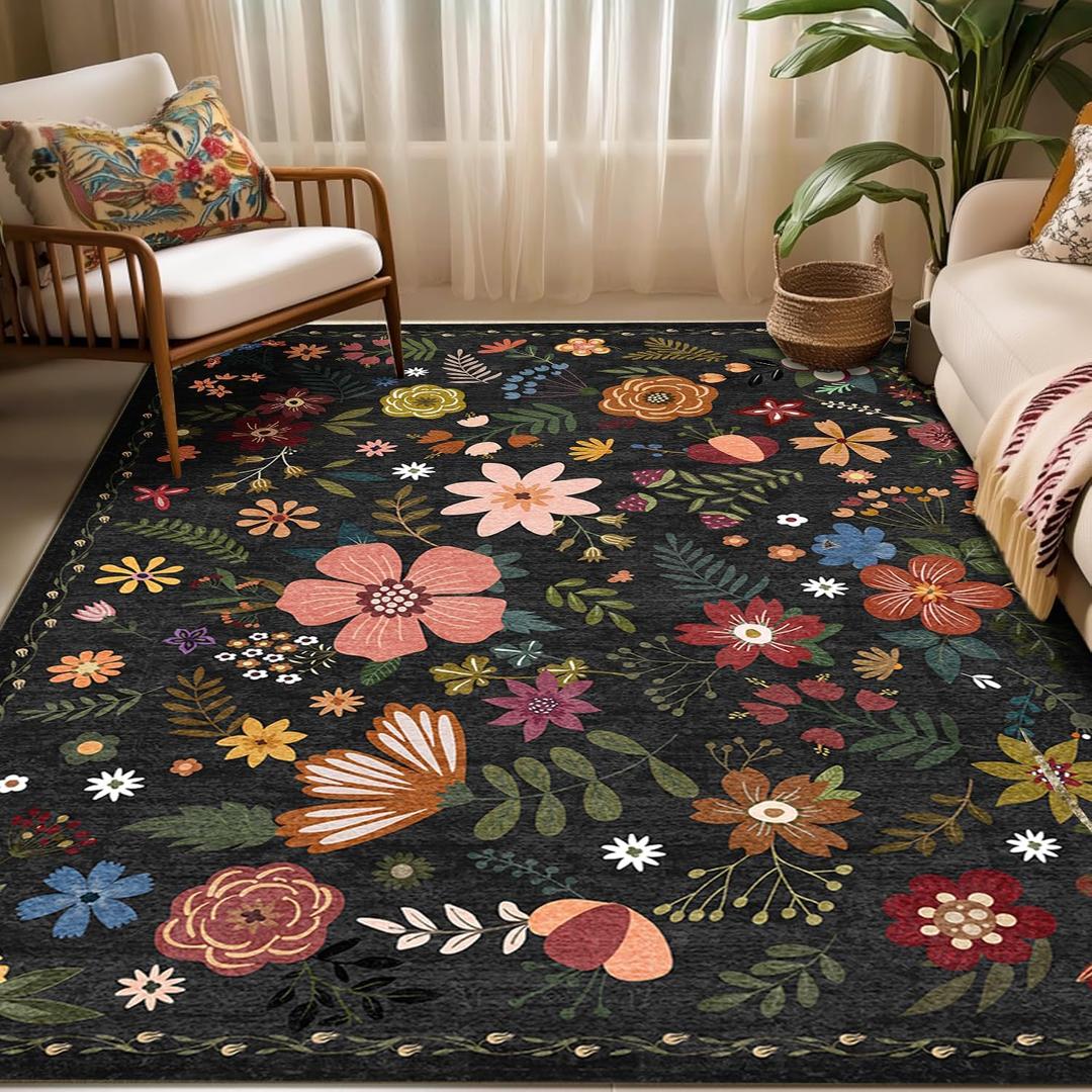 Washable Area Rugs, Floral Rug, Large Carpet for Living Room Bedroom,8'x 10',Black