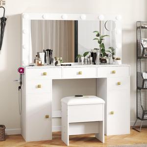 Real Relax Vanity Desk Large Mirror with 12 LED Adjustable Lights, Storage Bench, Spacious Tabletop with Charging Outlet, Many Storage Drawers and Cabinets, for Dressing Room, Bedroom, White