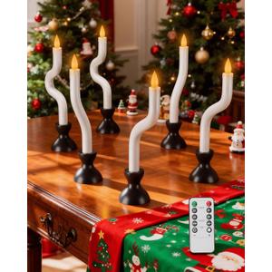 COOLWUFAN Window Candles with Remote Timer, 6 Pcs Flameless Taper Candles Battery Operated with Black Holder, Realistic LED Flickering Flame Dripless, Christmas Decorations Indoor for Home Party Fall