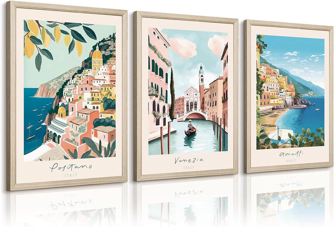 Italy Amalfi Coast Wall Art Italian City Canvas Wall Decor Italy Travel Landscape Wall Art Posters Blue Venice Beach Painting Pictures Italian Modern Artwork for Home 16x24 Inch Wood Framed Set of 3