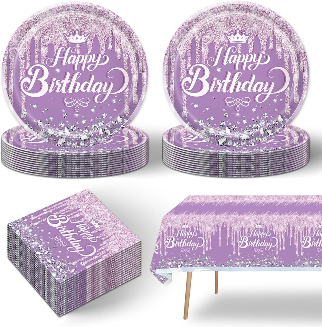 41pcs Purple and Silver Party Supplies ,include 20 dessert plates,20 Napkin and 1pcs Tablecloth,Used for Purple Silver Glitter Birthday Party Decoration Set (Violet)