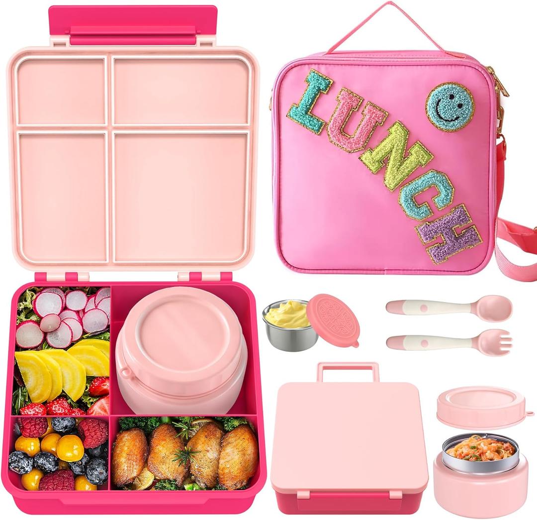 Aimsnk Kids Bento Lunch Box with 8oz Soup Thermo, Kids Leakproof Lunch Food Containers with 4 Compartment,Insulated Hot Food Jar with Lunch Bag for School, Travel (Pink)