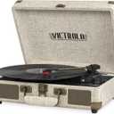 Victrola Journey Bluetooth Portable Suitcase Record Player  with Built-in Speakers, 3 Speed Vinyl Record Player, RCA Out, Headphone Jack (Light Beige Linen)