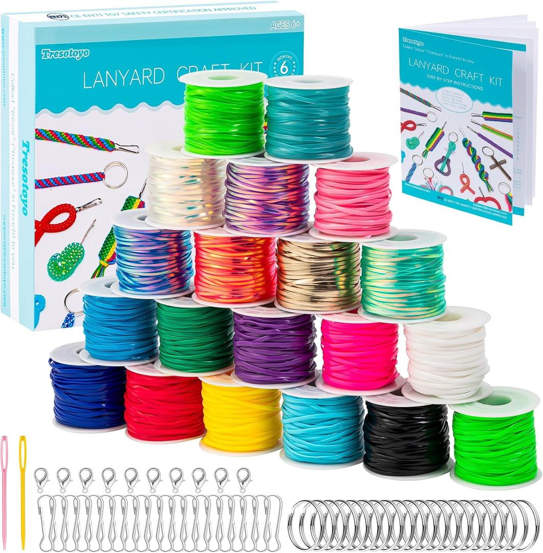 Lanyard String, 20 Rolls Gimp String, Plastic Strings Lacing Cord, Boondoggle Strings Kit 1200 Feet and 52Pcs Keychain Lanyards Accessories for Keychain Crafts, Bracelet with Instruction Box