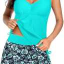 Daci Tankini Swimsuit for Women Tummy Control Bathing Suits with Skirt Two Piece Drawstring Tank Top with Swimdress L Aqua and Flower
