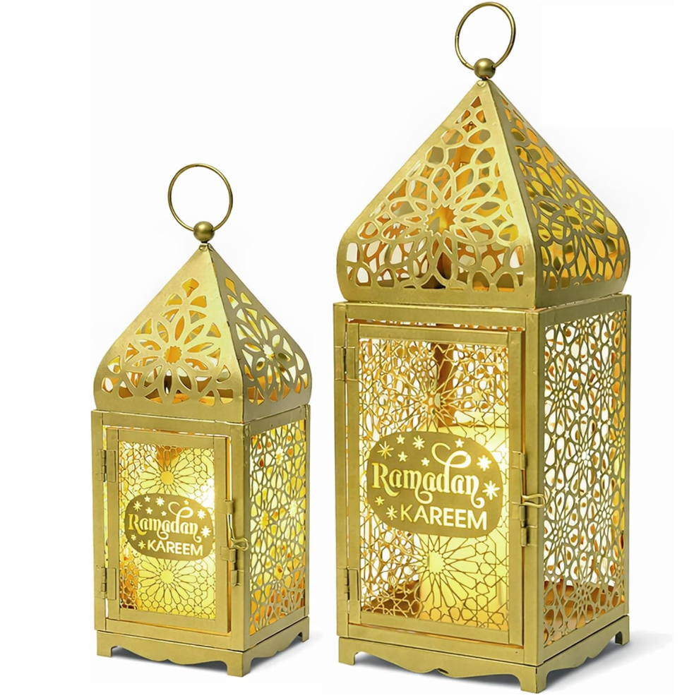 Ramadan Lanterns Gold Metal Islamic Fanous Hanging Candle Holder Decor for Ramadan & Eid, Eid Decorations for Home Table Window Porch, Large 14.6" & 11.4" Set of 1