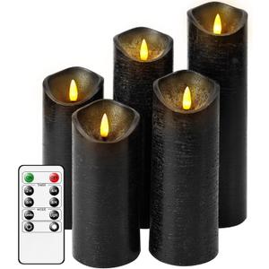 Flickering Flameless Candles with Remote Control and Timer Set of 5 Pc Real Wax LED Pillar Candles, Battery Operated CandlesD2.2H5/5.5"/6"/7"/8" Home Decor Flameless CandlesBlack (black water pattern)
