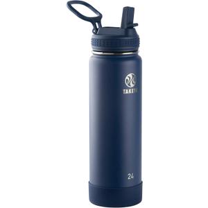 Takeya Actives 24 oz Water Bottle with Straw Lid - Double Wall Stainless Steel Insulation - Dishwasher Safe & BPA-Free - Removable Bumper - Midnight Blue