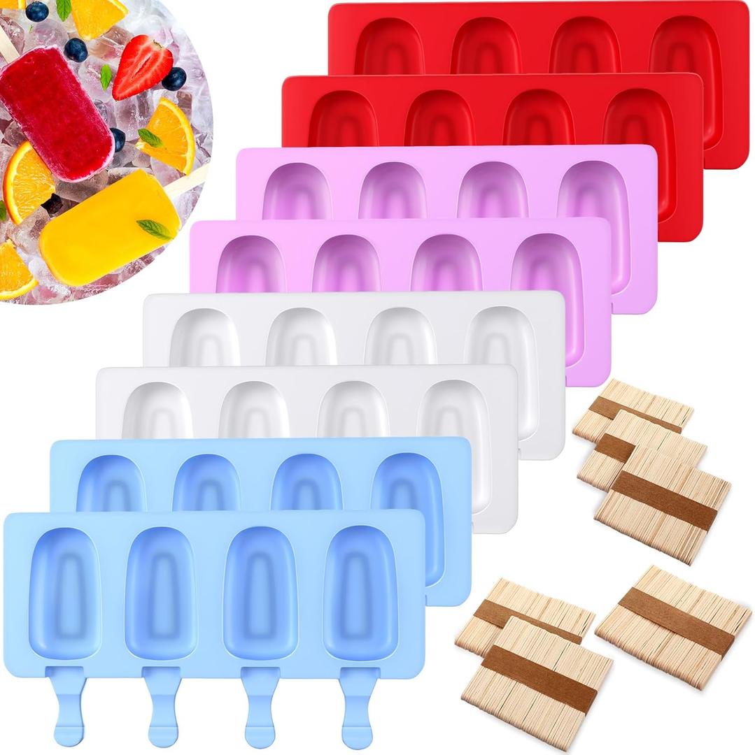 Outus 8 Pieces Silicone Ice Cream Molds with 400 Wooden Sticks Ice Lolly Mold 4 Cavities Oval Cake Pop Maker Reusable Easy Release Cakesicle Baking Mold for Frozen Dessert Snacks DIY Homemade Treats
