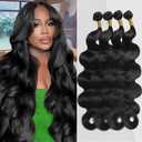 12A Body Wave Bundles Human Hair 16 18 20 22 Natural Black Color 100% Brazilian Human Hair Bundles For Women (4 Bundles Human Hair)