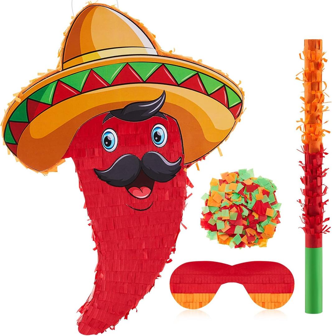 Lewtemi Mexican Piata Small Red Chili for Birthday Party Cinco De Mayo Pepper Fiesta Decorations with Piata Stick Blindfold Confetti Set